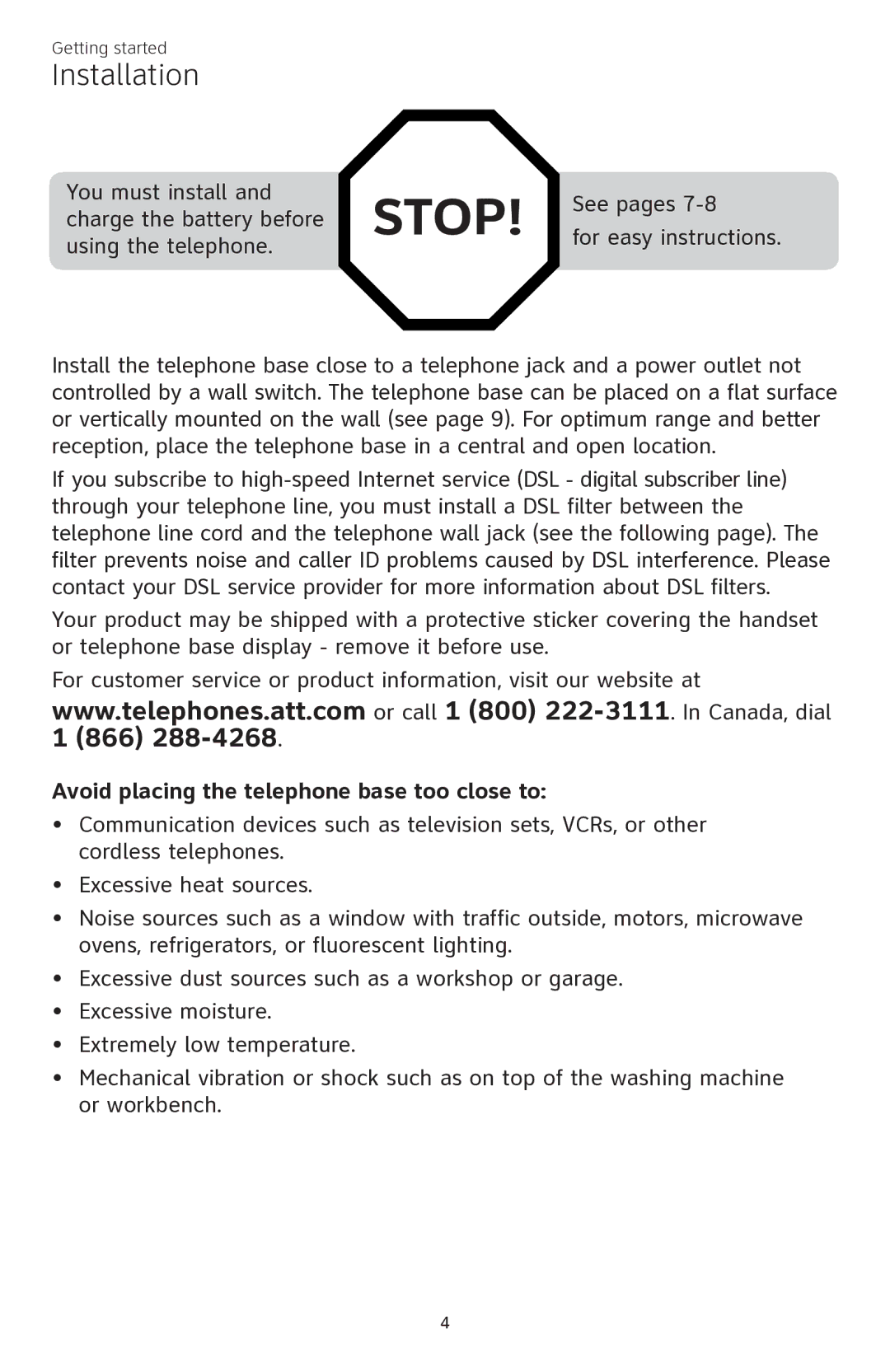 AT&T CL84350 user manual Installation, Avoid placing the telephone base too close to 