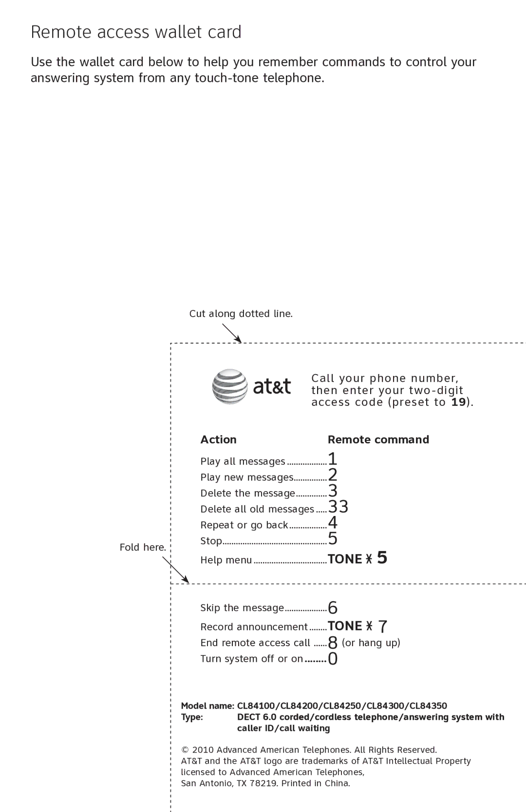 AT&T CL84350 user manual Remote access wallet card, Action Remote command 