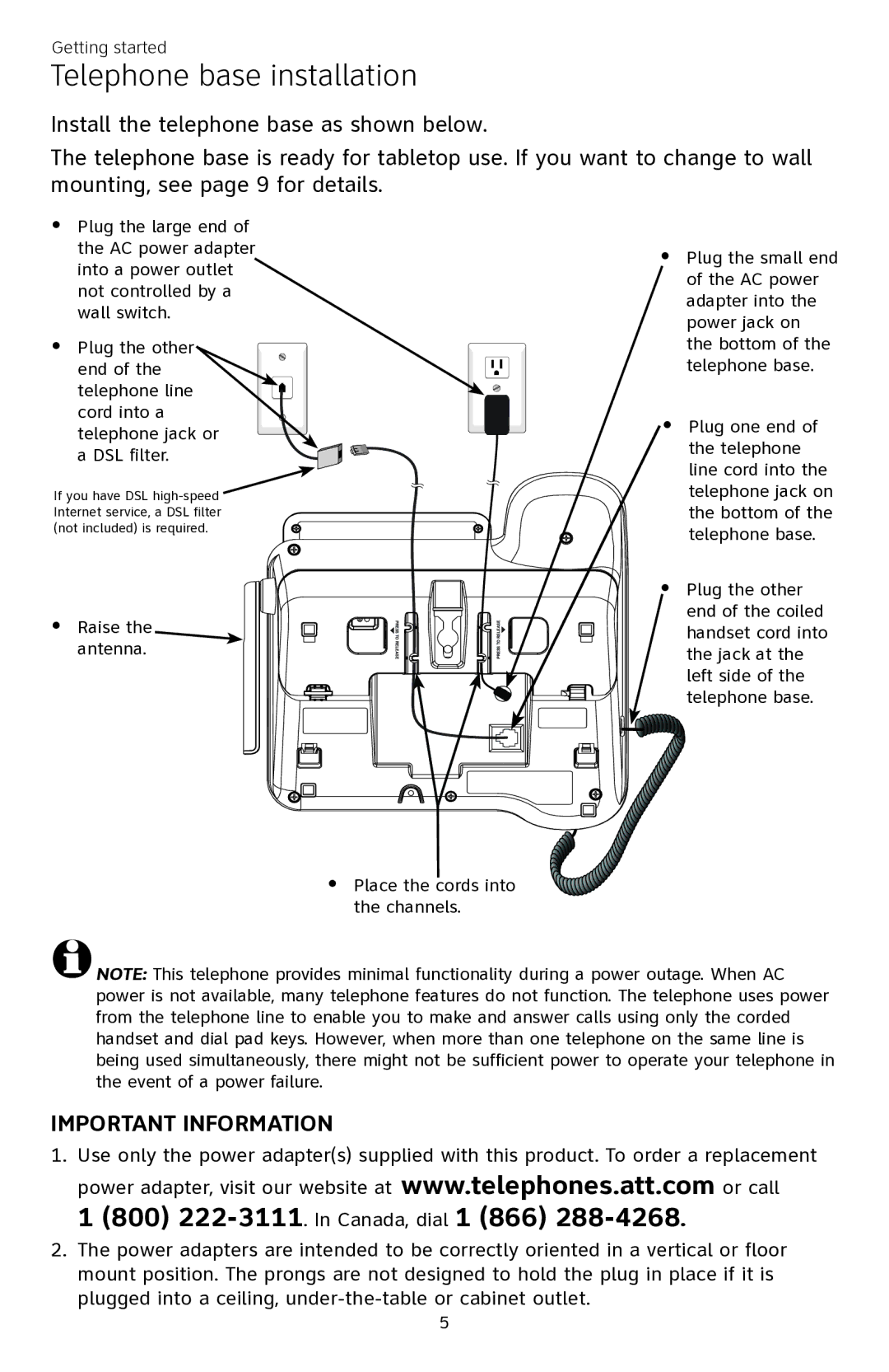 AT&T CL84350 user manual Telephone base installation, 800 222-3111. In Canada, dial 1 866 