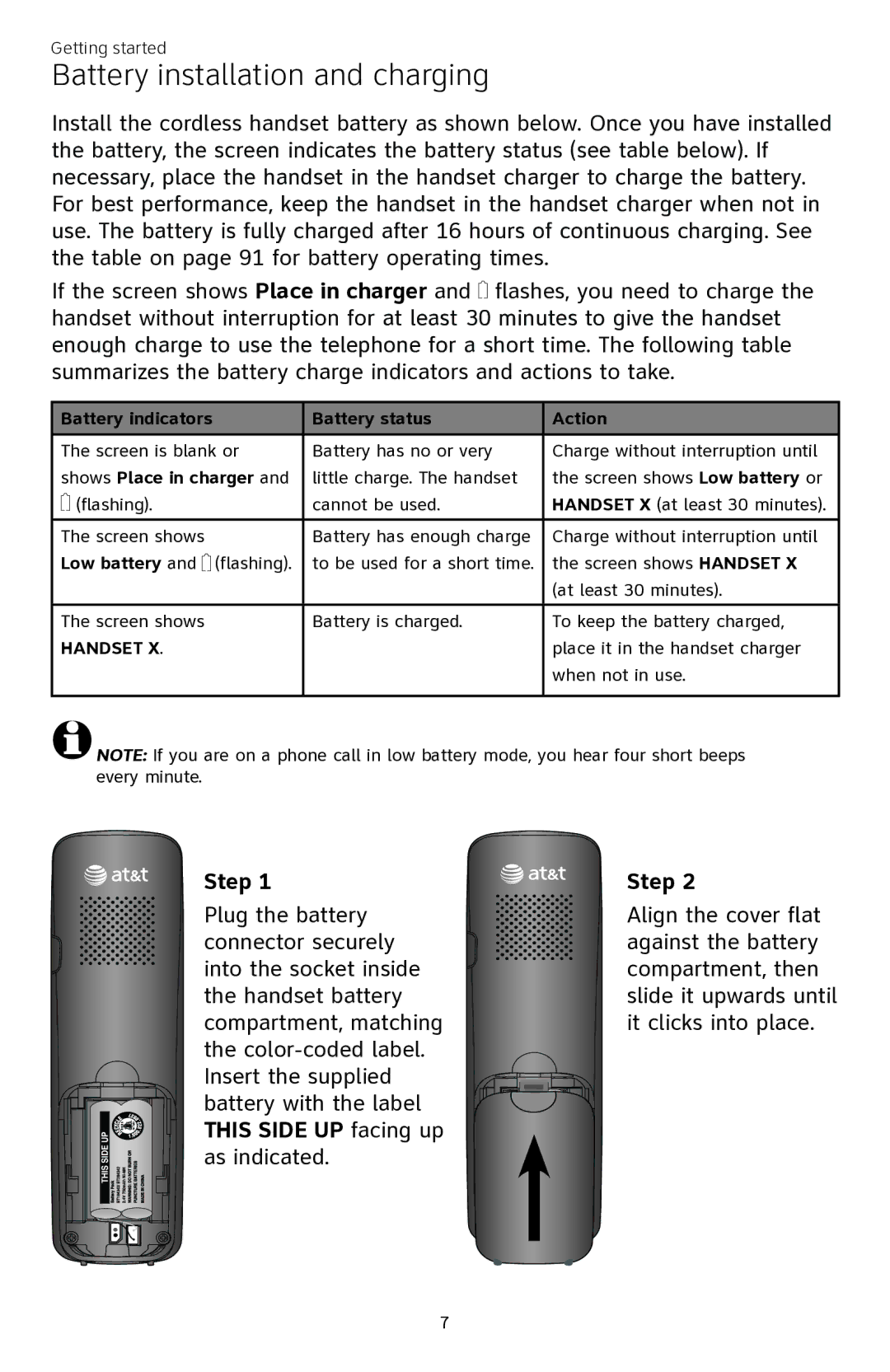 AT&T CL84350 user manual Battery installation and charging, Step 