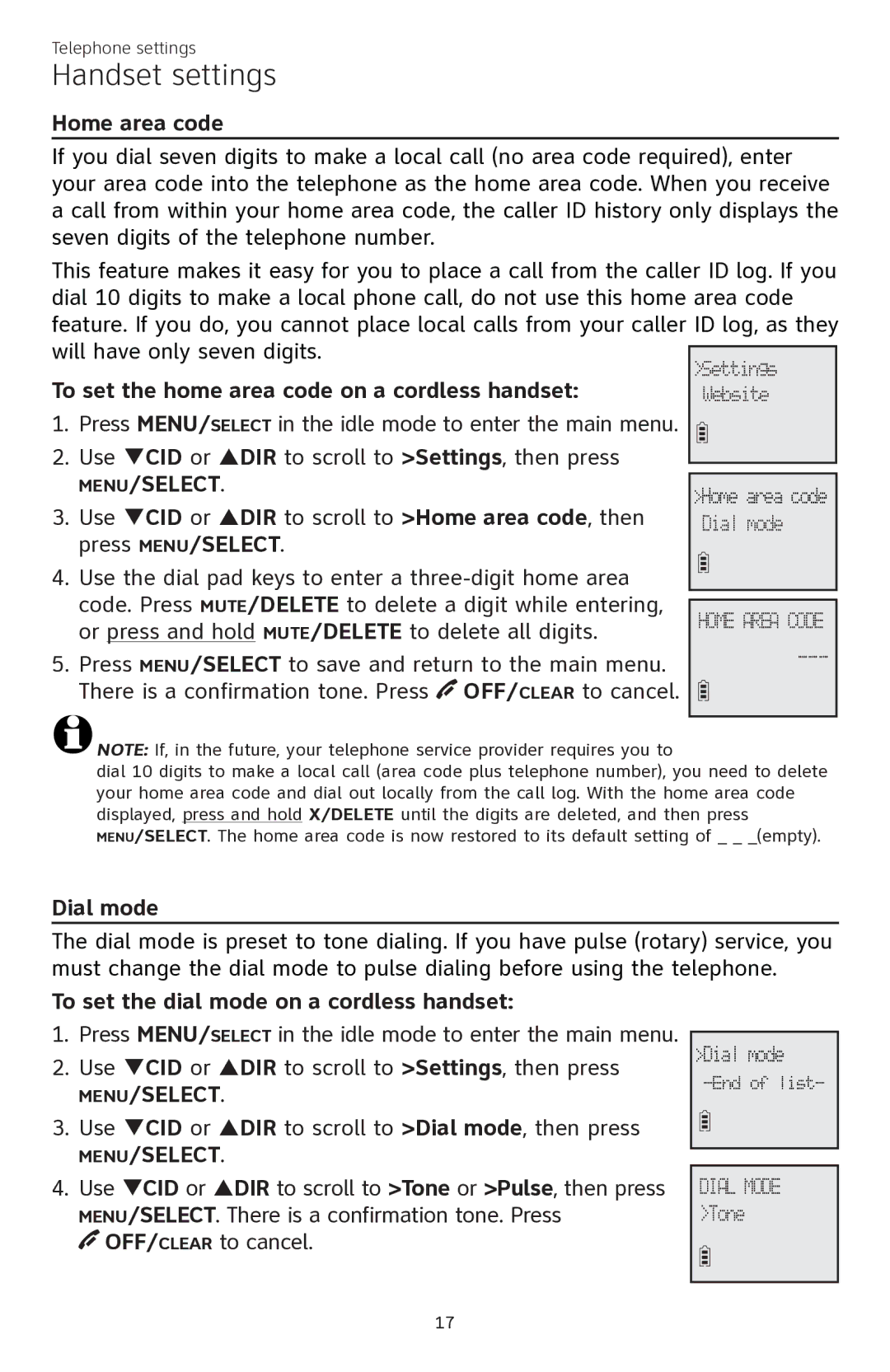 AT&T CL84350 user manual Home area code, To set the home area code on a cordless handset, Dial mode 