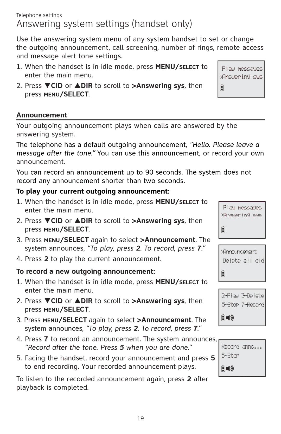 AT&T CL84350 user manual Answering system settings handset only, Announcement, To play your current outgoing announcement 