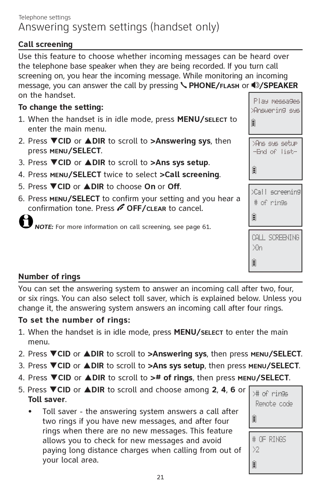 AT&T CL84350 user manual Call screening, To change the setting, Number of rings, To set the number of rings 