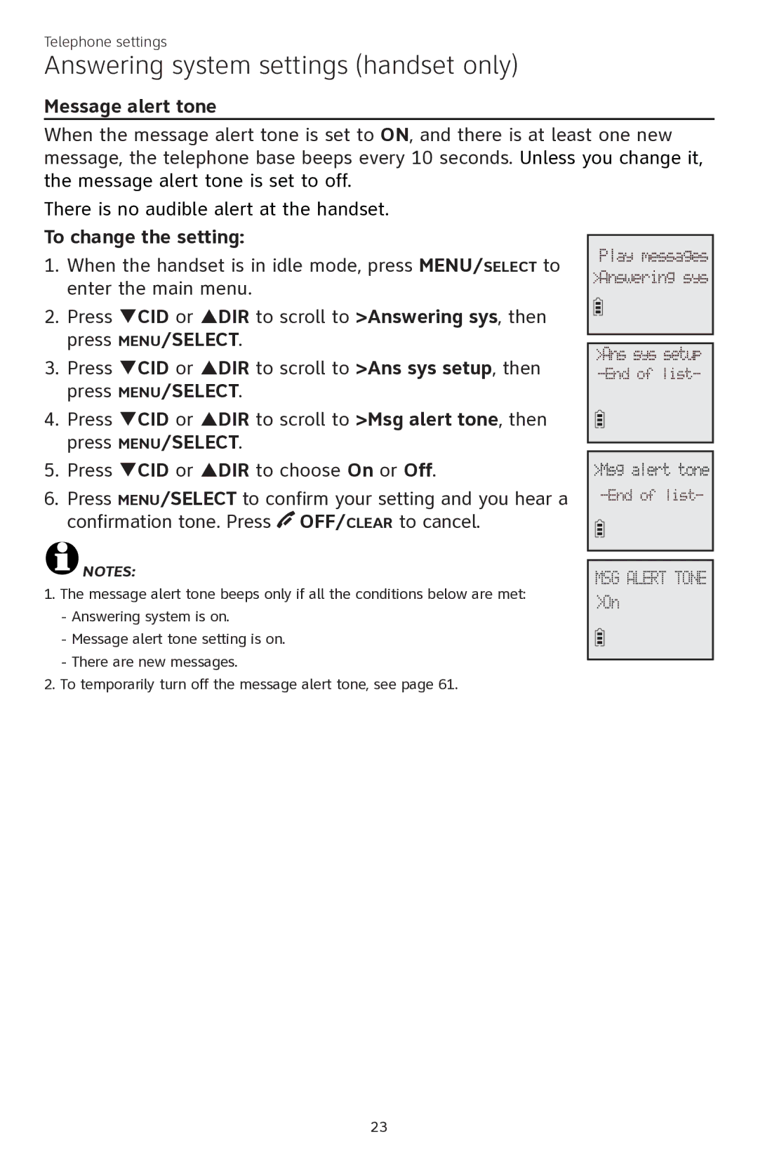 AT&T CL84350 user manual Message alert tone 