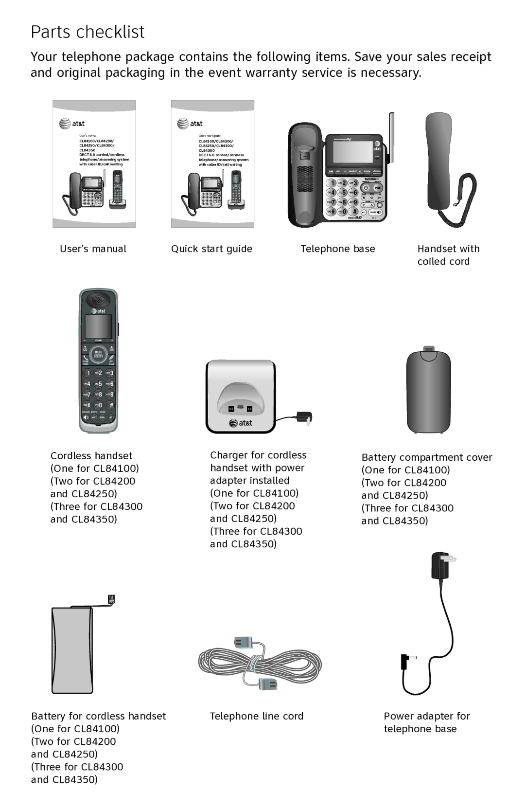 AT&T CL84350 user manual Parts checklist, User’s manual 