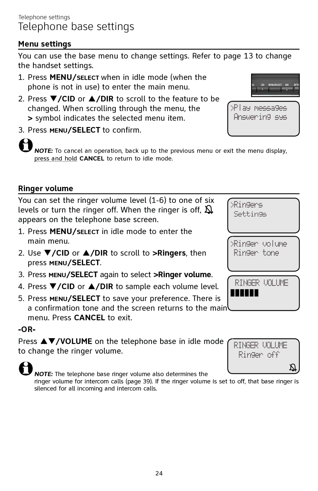 AT&T CL84350 user manual Telephone base settings, Menu settings 