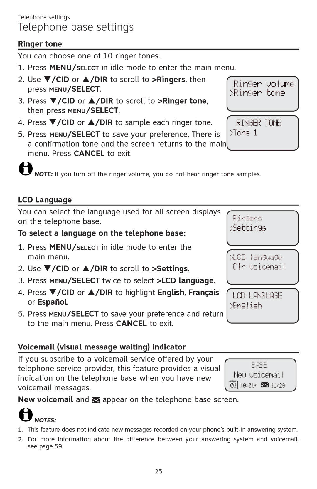 AT&T CL84350 user manual To select a language on the telephone base, New voicemail and appear on the telephone base screen 