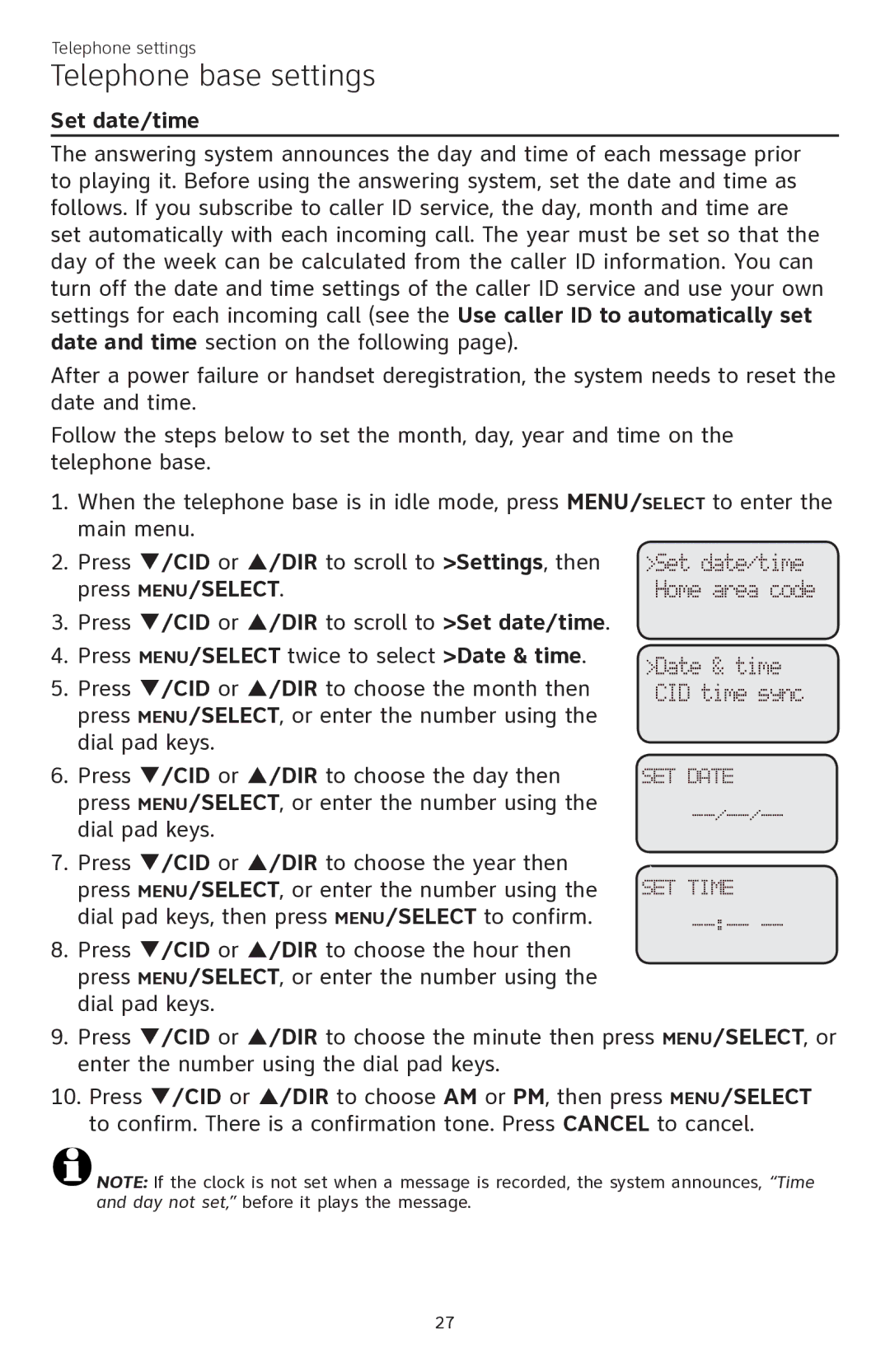 AT&T CL84350 user manual Press q/CID or p/DIR to scroll to Set date/time 