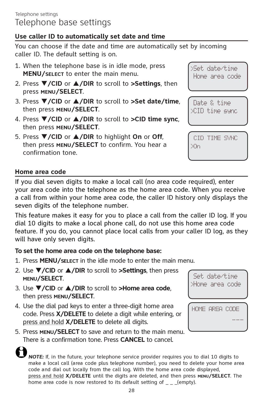 AT&T CL84350 user manual Use caller ID to automatically set date and time, To set the home area code on the telephone base 