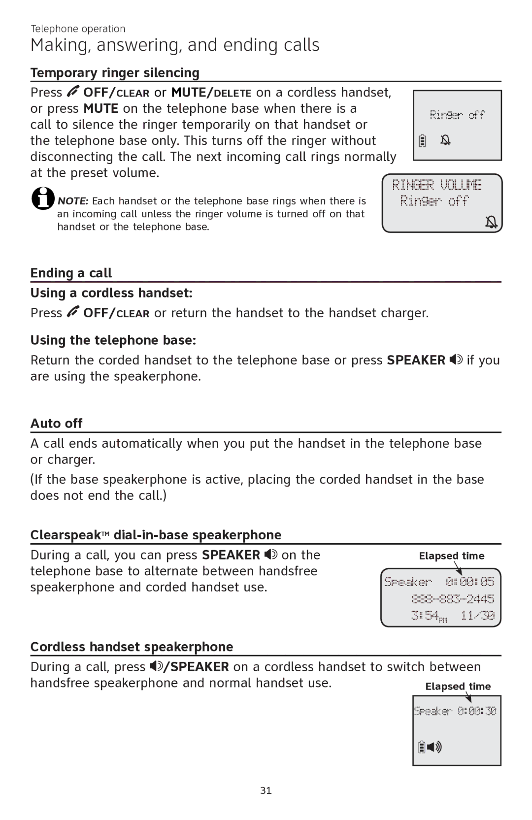 AT&T CL84350 Temporary ringer silencing, Ending a call Using a cordless handset, Auto off, Cordless handset speakerphone 