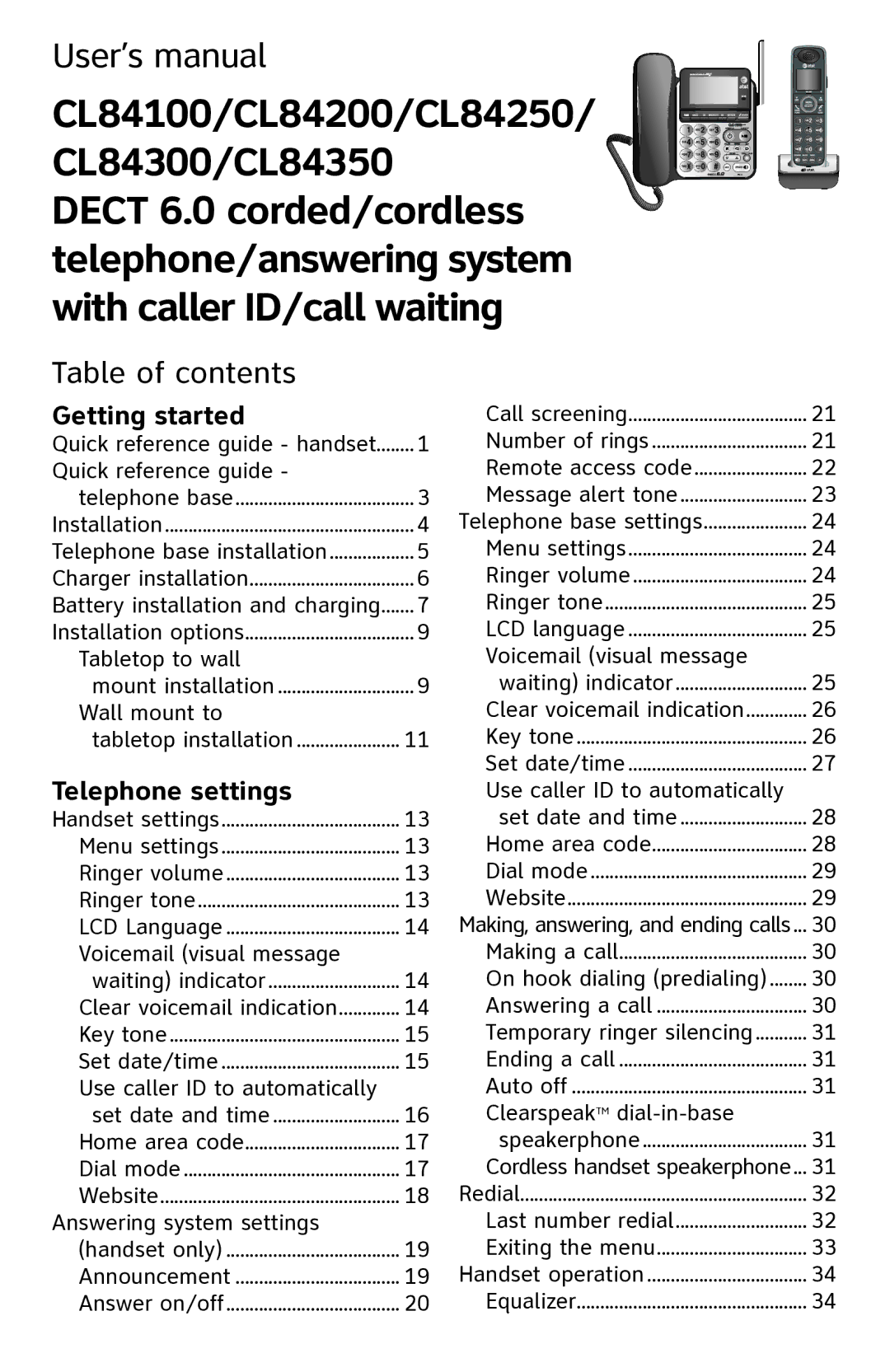 AT&T CL84350 user manual With caller ID/call waiting, Table of contents 