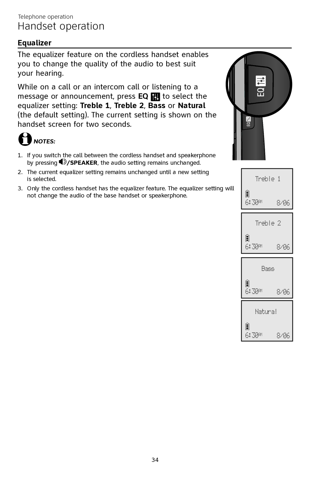 AT&T CL84350 user manual Handset operation, Equalizer 