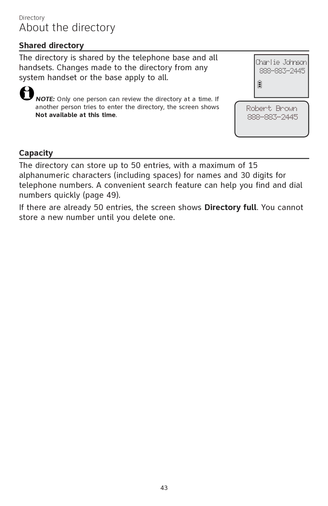 AT&T CL84350 user manual About the directory, Shared directory, Capacity 