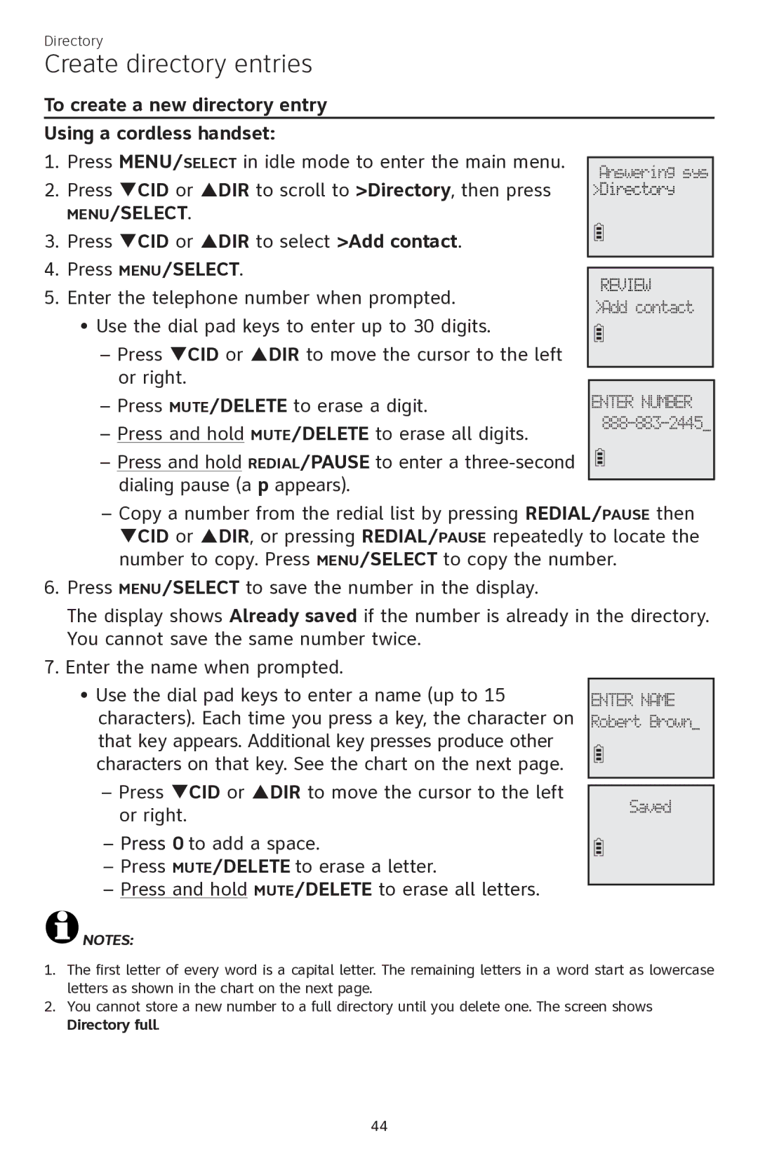 AT&T CL84350 user manual Create directory entries, To create a new directory entry Using a cordless handset 