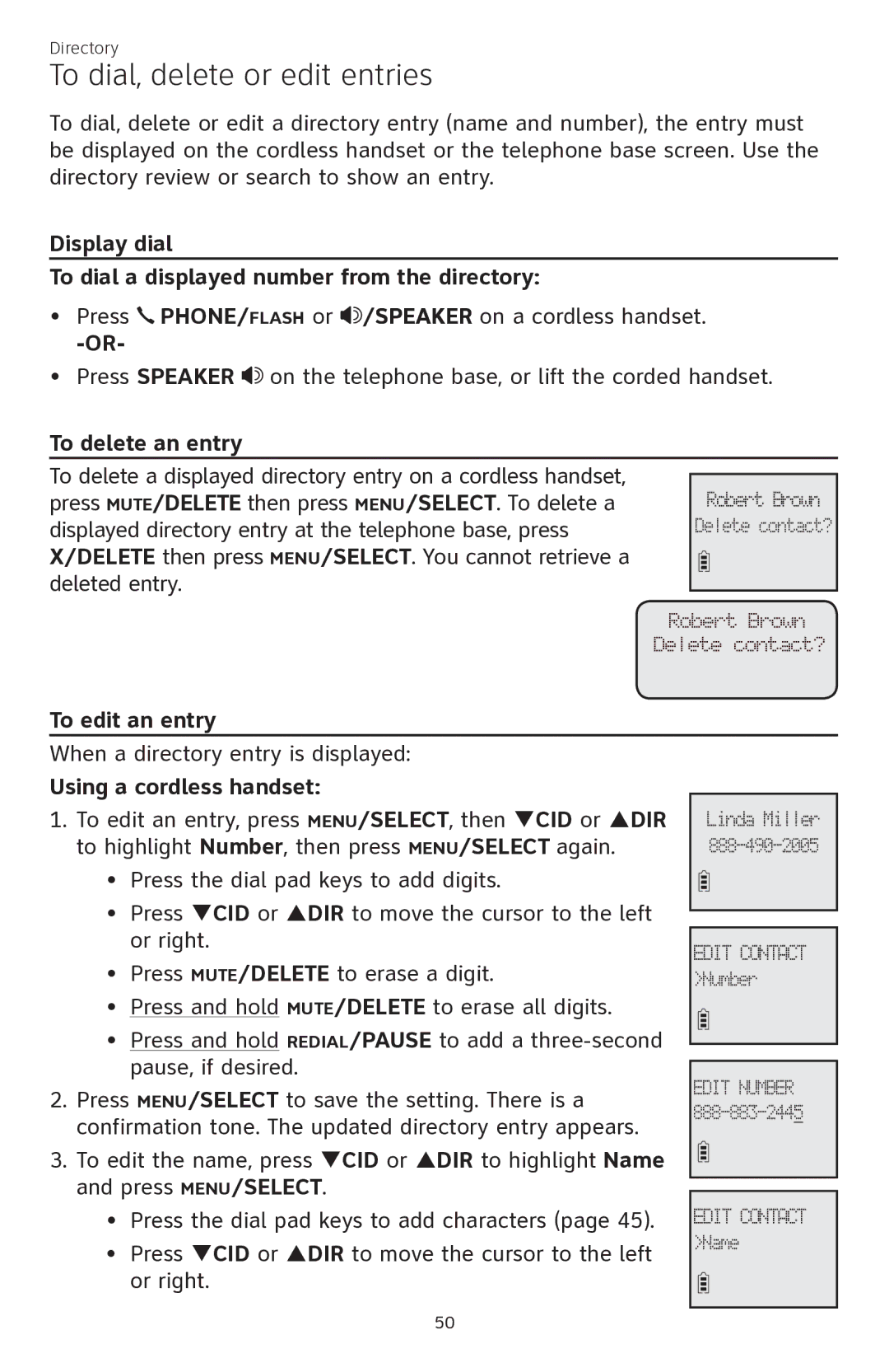 AT&T CL84350 To dial, delete or edit entries, Display dial To dial a displayed number from the directory, To edit an entry 