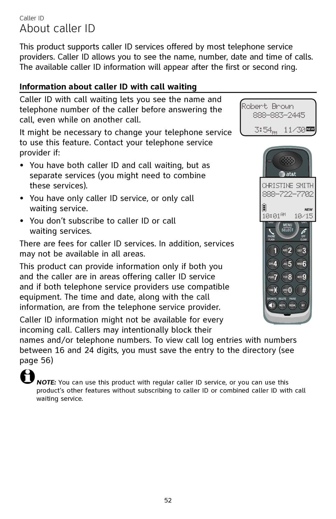 AT&T CL84350 user manual About caller ID, Information about caller ID with call waiting 