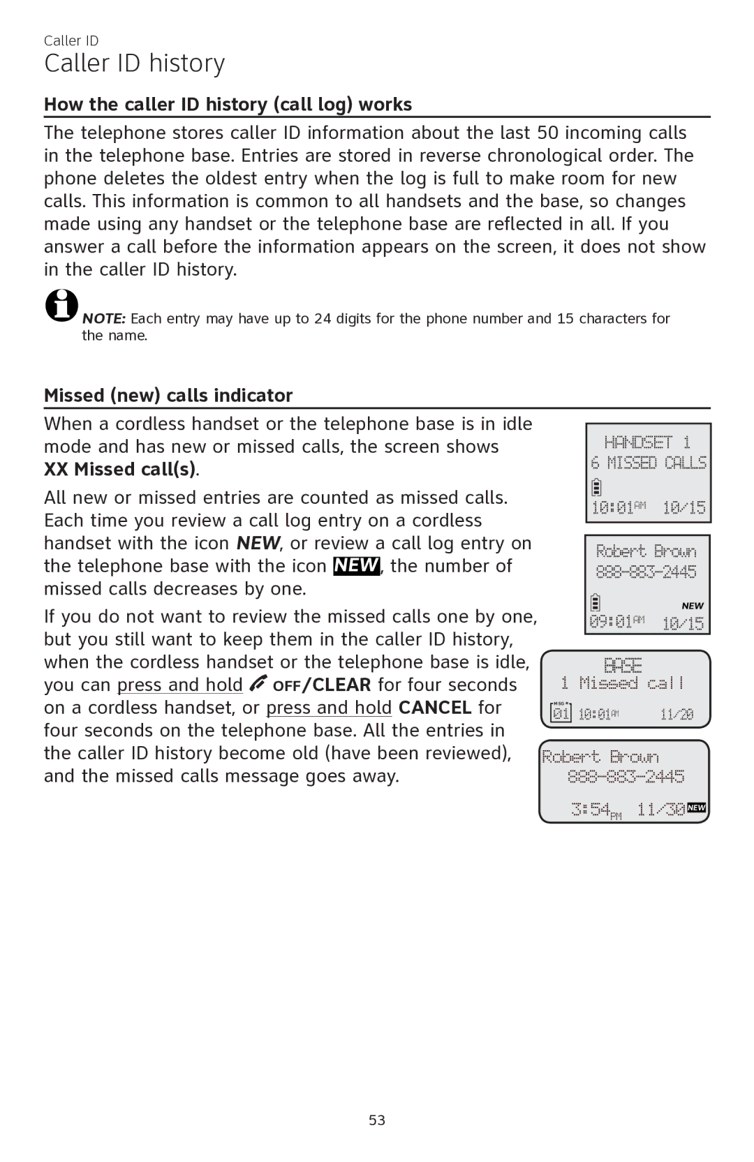 AT&T CL84350 Caller ID history, How the caller ID history call log works, Missed new calls indicator, XX Missed calls 