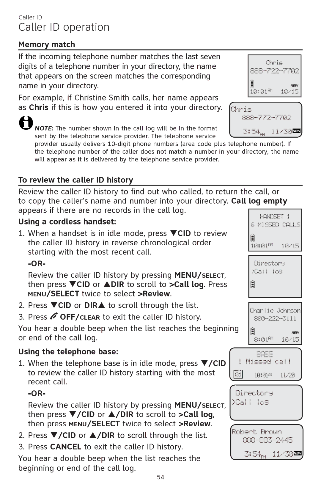 AT&T CL84350 user manual Caller ID operation, Memory match, To review the caller ID history 