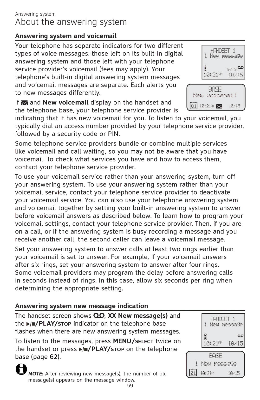 AT&T CL84350 About the answering system, Answering system and voicemail, Answering system new message indication 