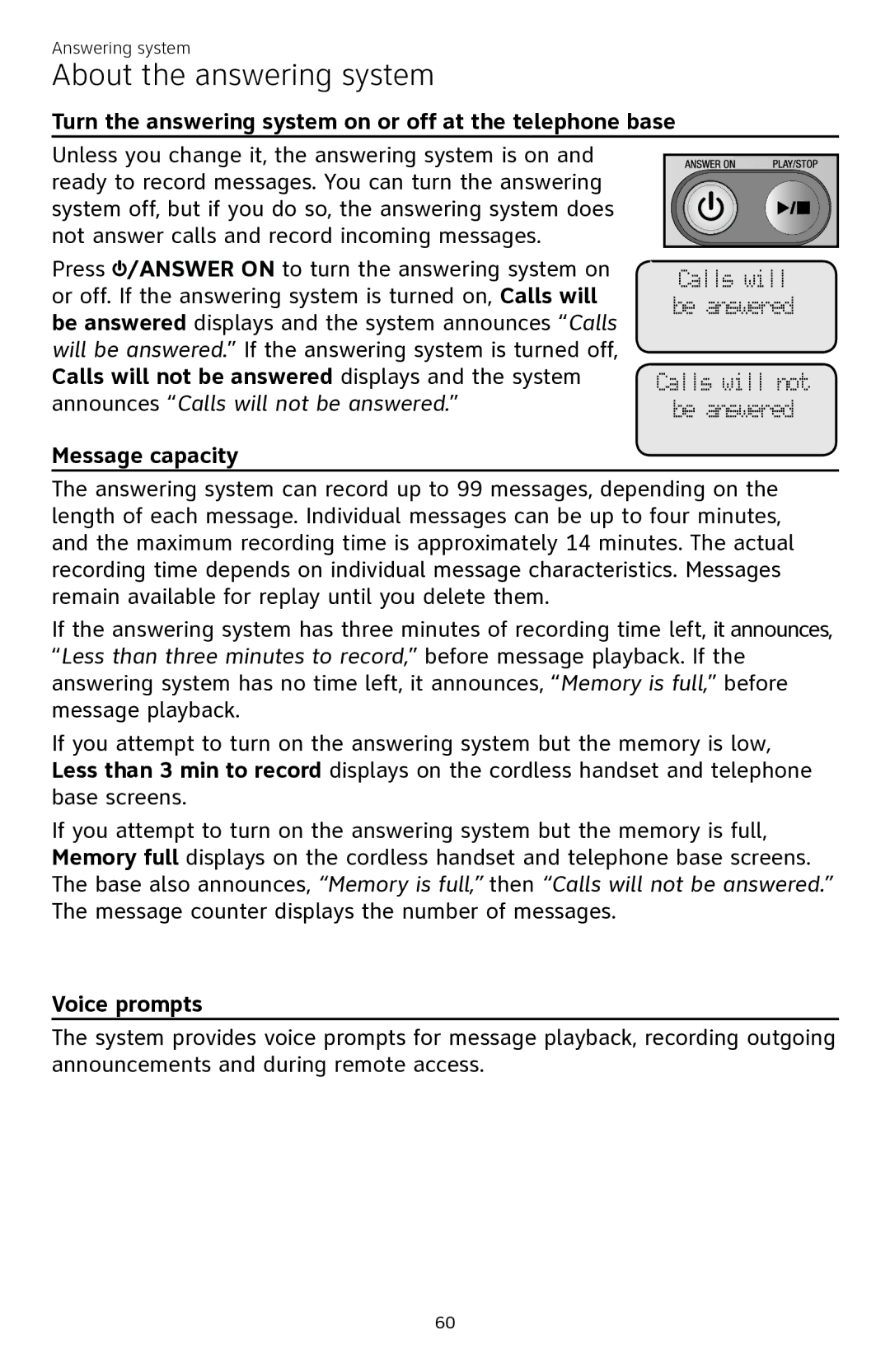 AT&T CL84350 user manual Turn the answering system on or off at the telephone base, Message capacity, Voice prompts 