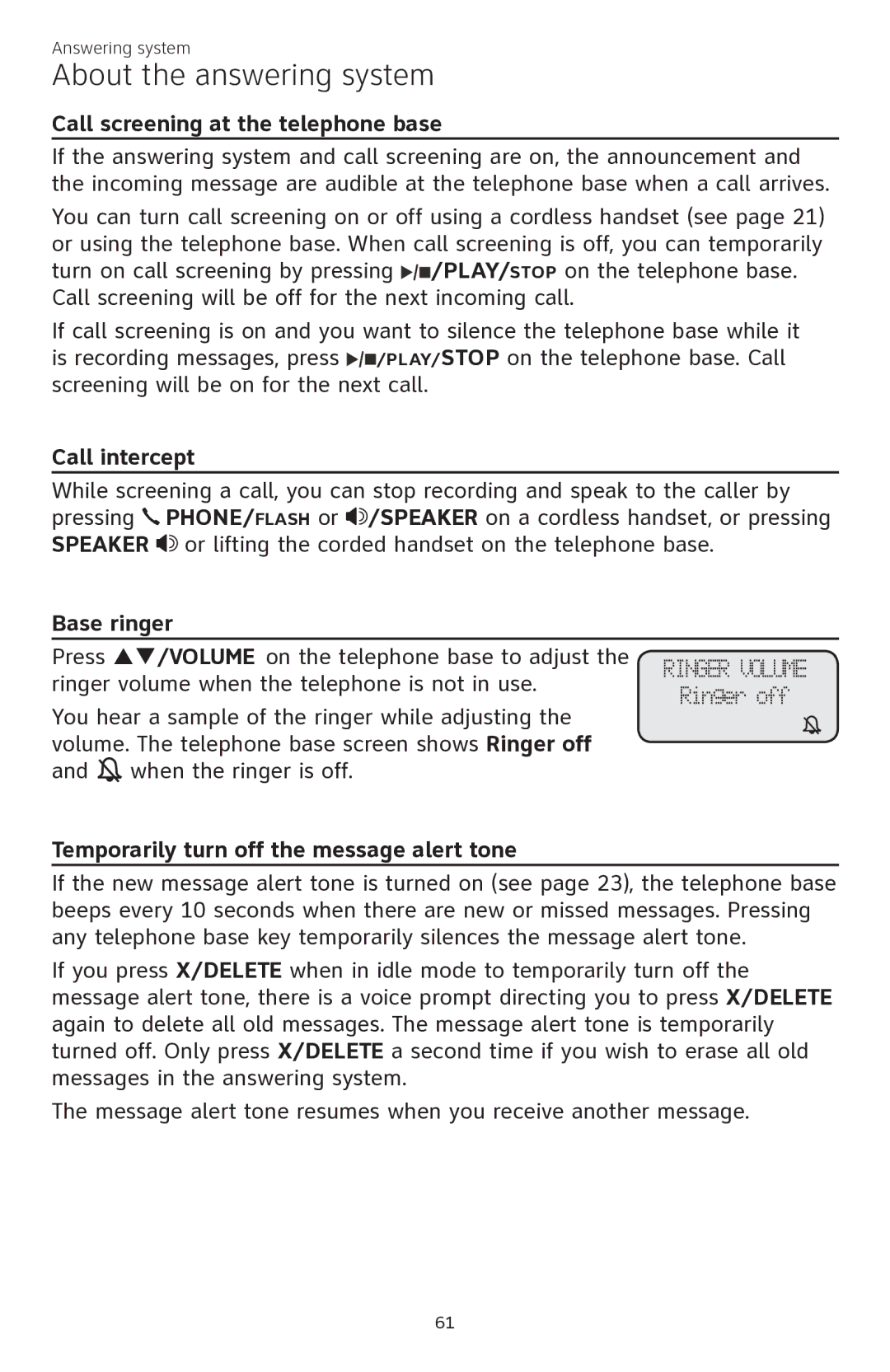 AT&T CL84350 user manual Call screening at the telephone base, Call intercept, Base ringer 