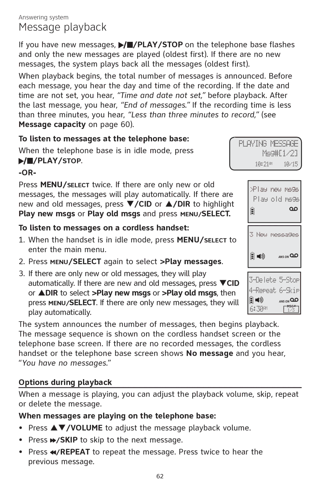 AT&T CL84350 user manual Message playback, To listen to messages at the telephone base, Options during playback 