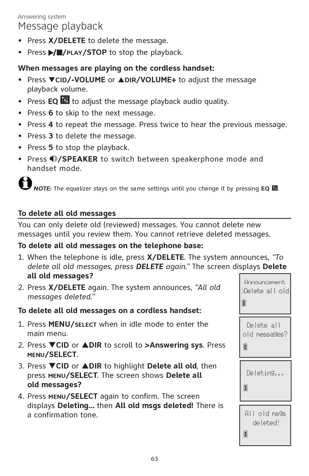 AT&T CL84350 user manual When messages are playing on the cordless handset, To delete all old messages, Old messages? 