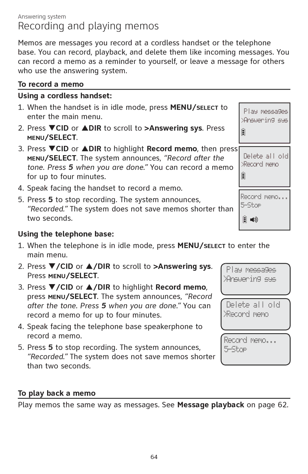 AT&T CL84350 user manual Recording and playing memos, To record a memo Using a cordless handset, To play back a memo 