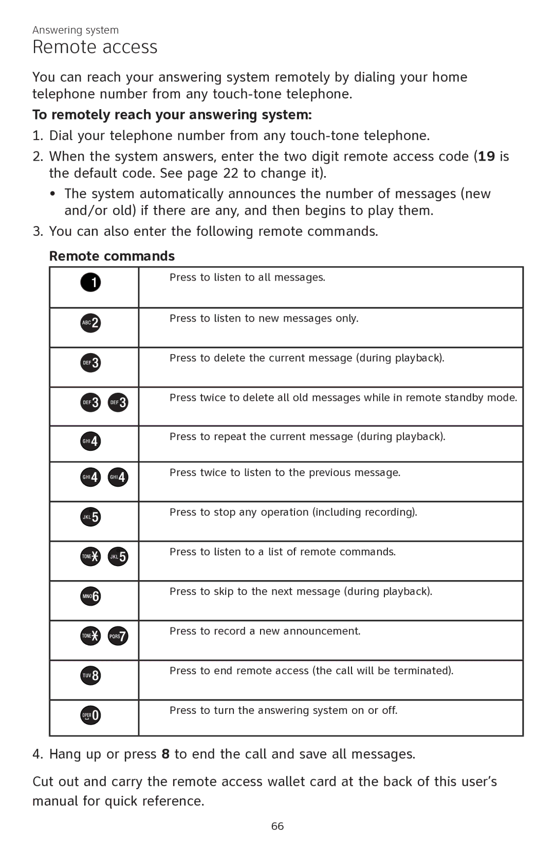 AT&T CL84350 user manual Remote access, To remotely reach your answering system, Remote commands 