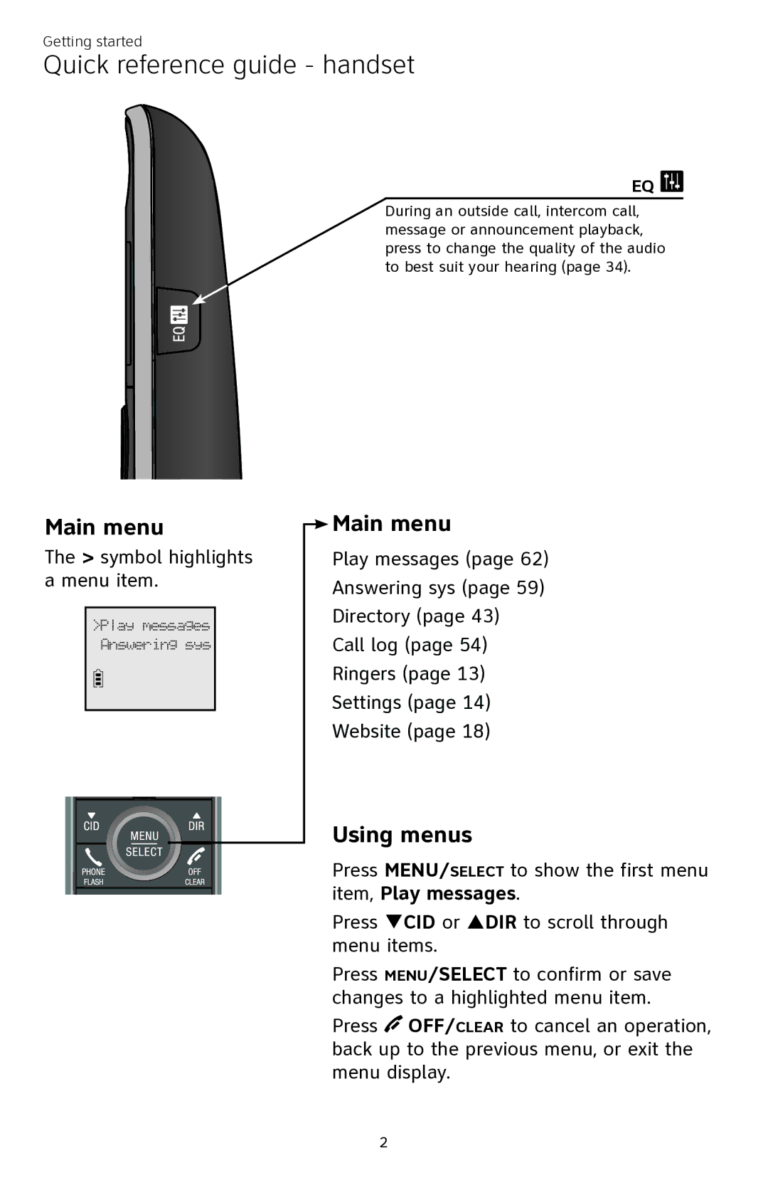 AT&T CL84350 user manual Main menu 