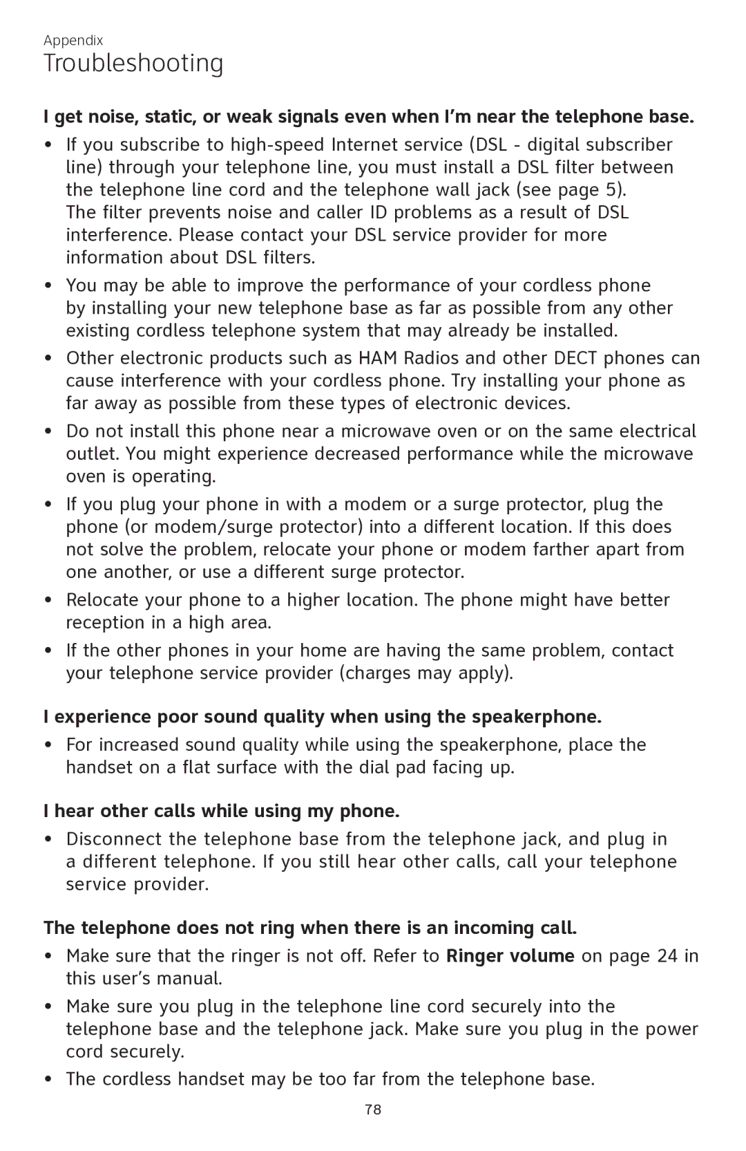 AT&T CL84350 user manual Experience poor sound quality when using the speakerphone, Hear other calls while using my phone 