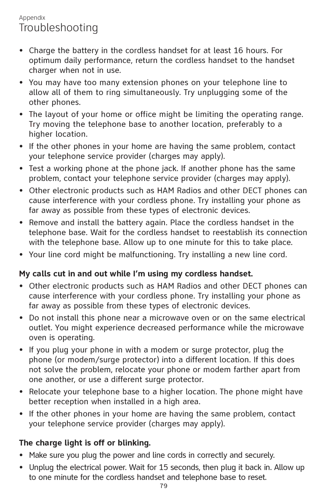 AT&T CL84350 user manual My calls cut in and out while I’m using my cordless handset, Charge light is off or blinking 