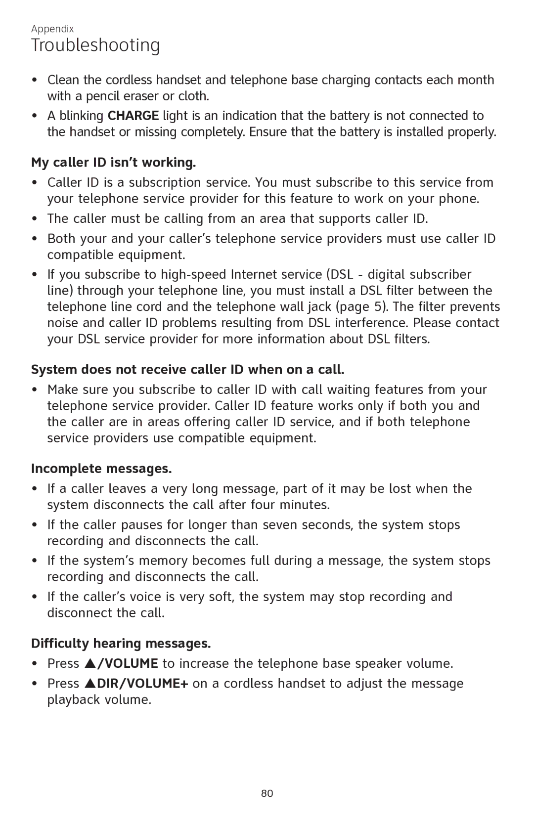 AT&T CL84350 user manual My caller ID isn’t working, System does not receive caller ID when on a call, Incomplete messages 