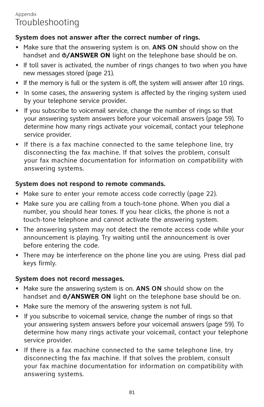 AT&T CL84350 System does not answer after the correct number of rings, System does not respond to remote commands 