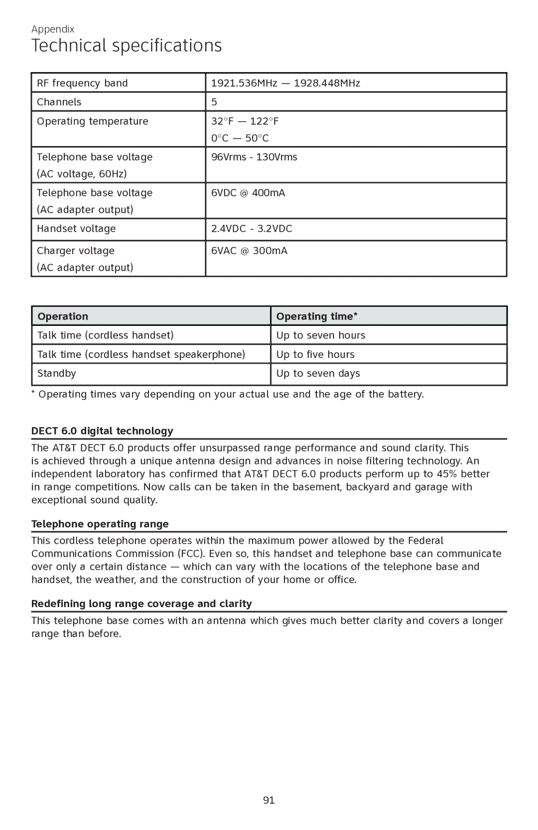 AT&T CL84350 user manual Technical specifications, Operation Operating time 