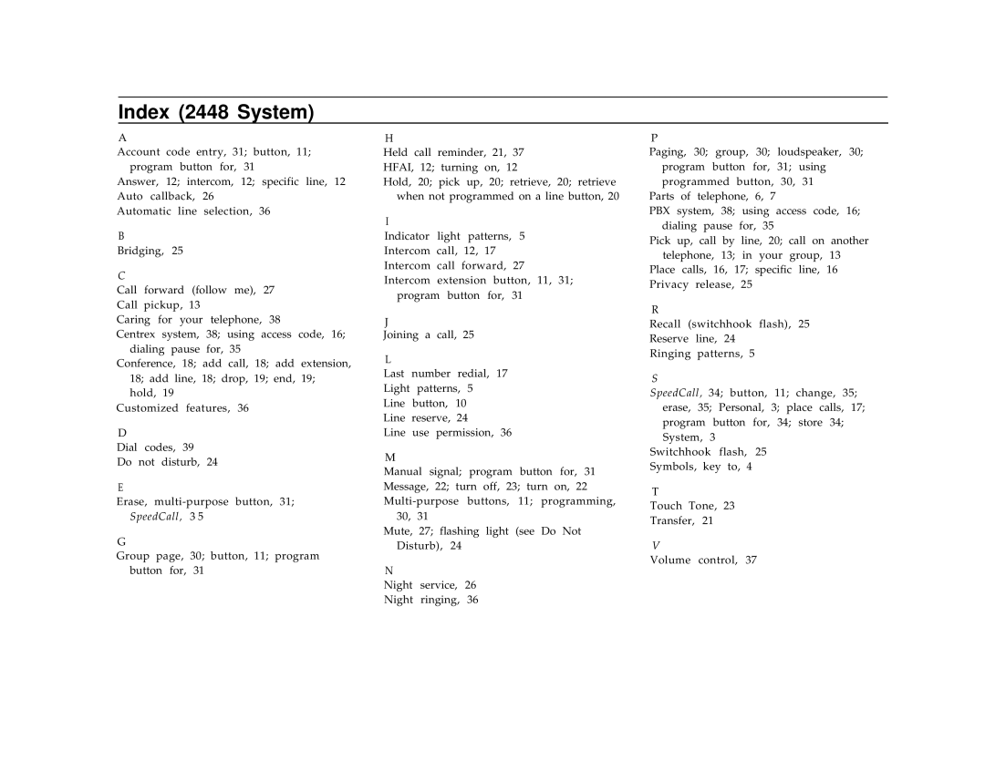 AT&T Communications System user manual Index 2448 System 