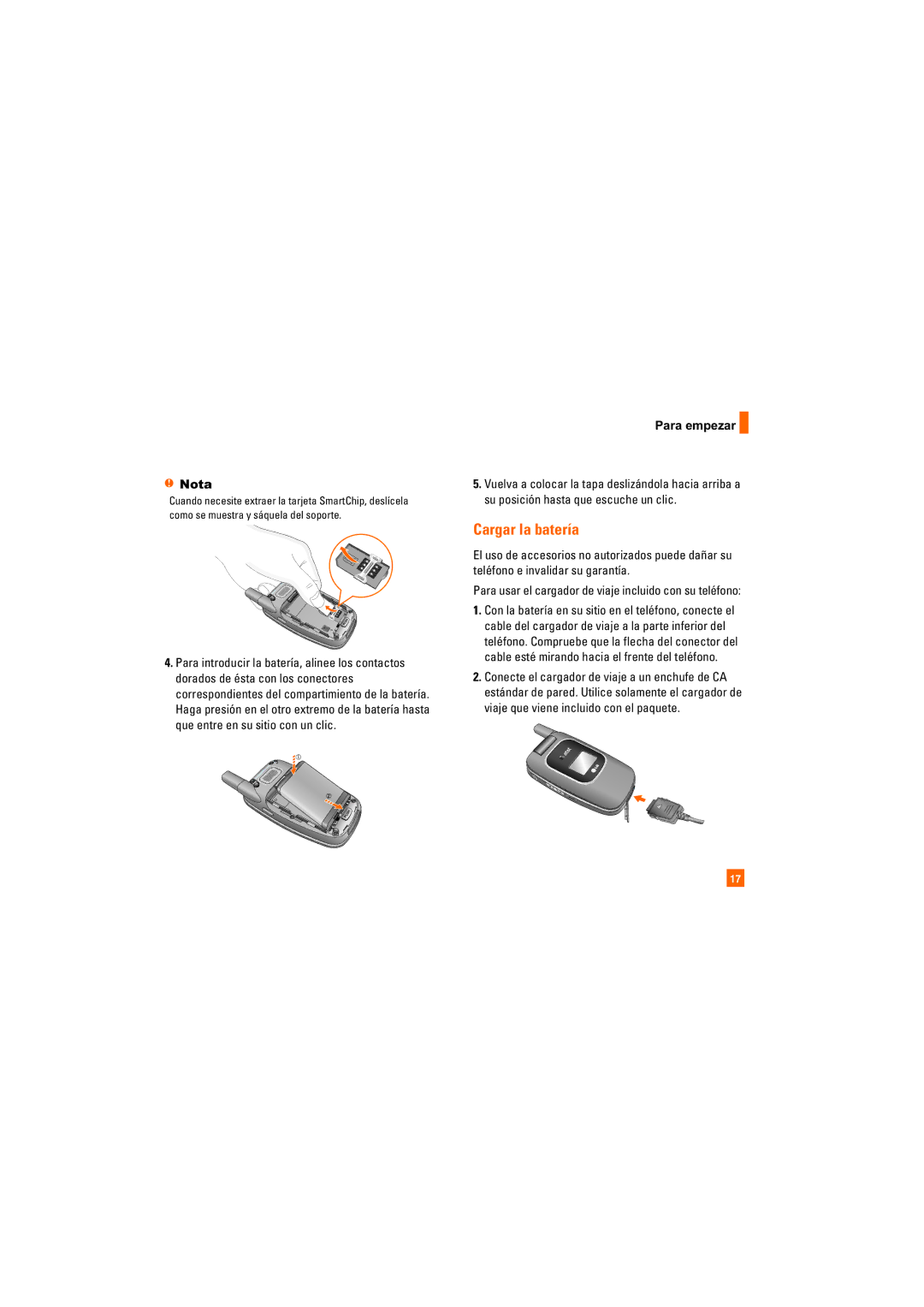 AT&T CU405 manual Cargar la batería, Nota, Para empezar 