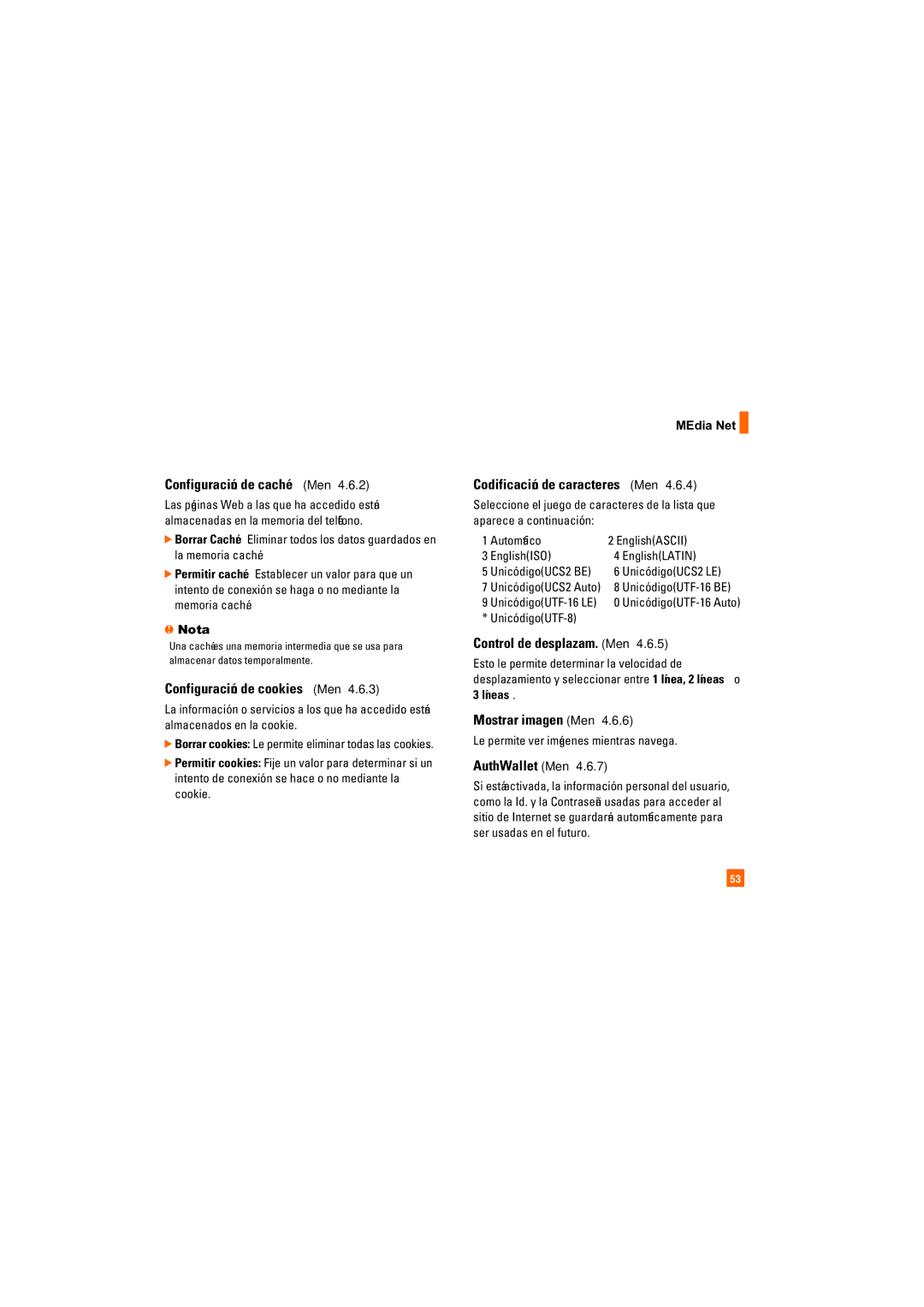 AT&T CU405 manual Configuración de caché Menú, Configuración de cookies Menú, Codificación de caracteres Menú 