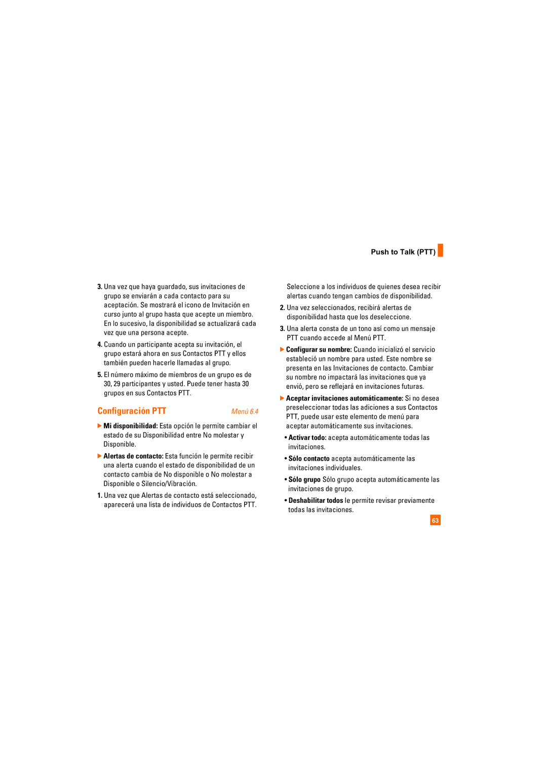 AT&T CU405 manual Configuración PTT, Activar todo acepta automáticamente todas las invitaciones 