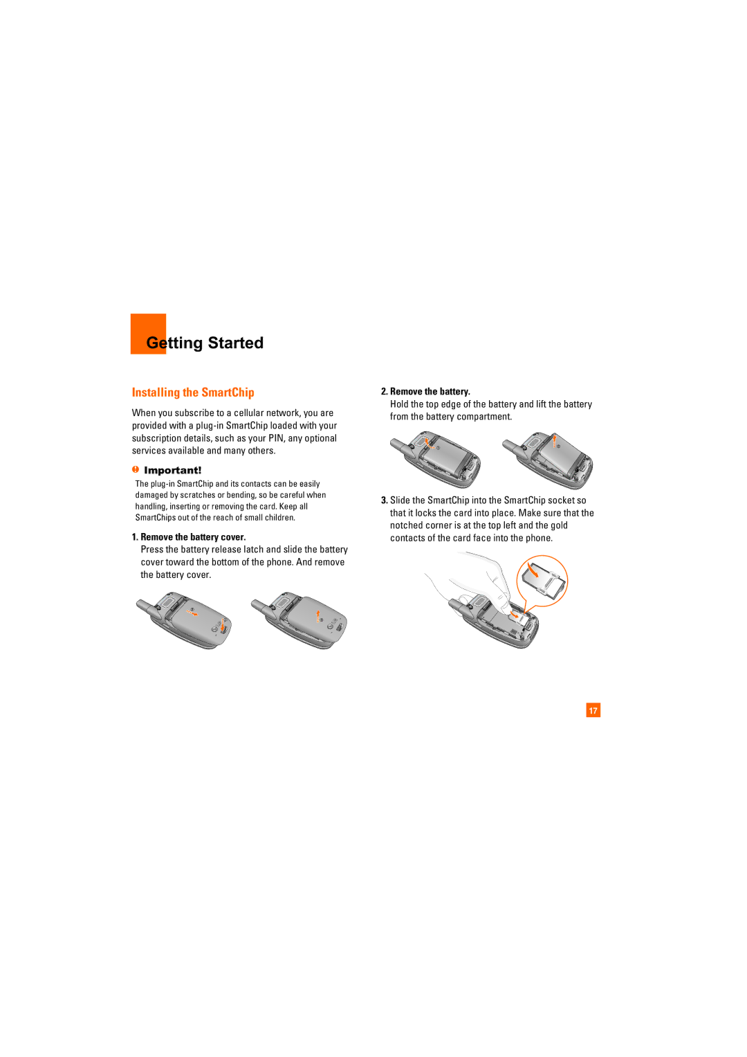 AT&T CU405 manual Getting Started, Installing the SmartChip, Remove the battery cover 