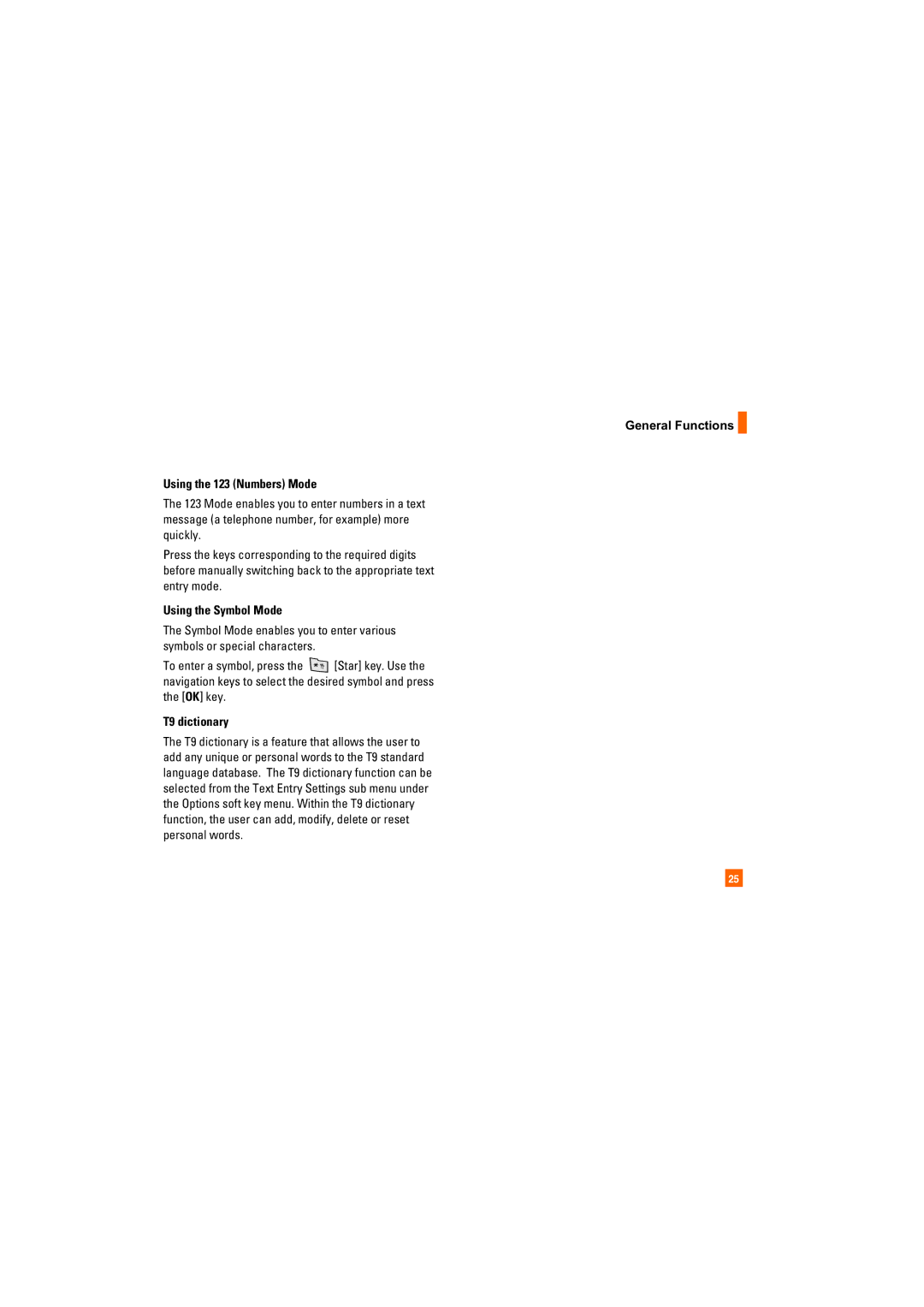 AT&T CU405 manual General Functions Using the 123 Numbers Mode, Using the Symbol Mode, T9 dictionary 