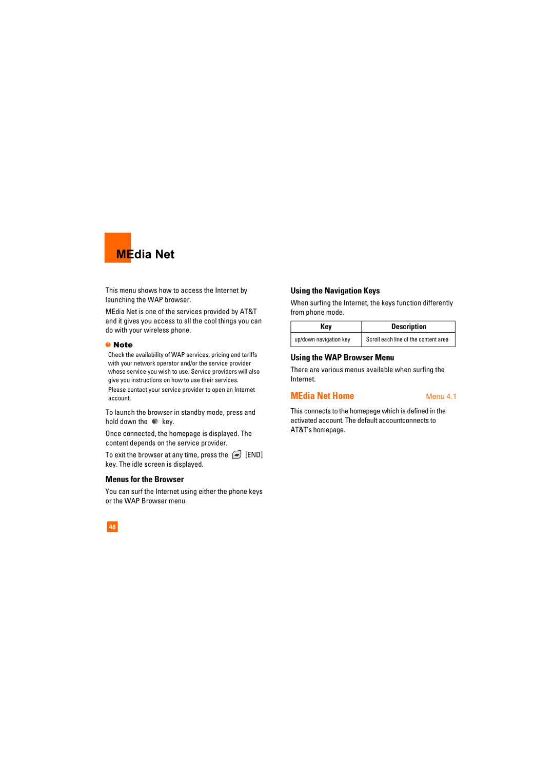 AT&T CU405 manual MEdia Net Home, Menus for the Browser, Using the Navigation Keys, Using the WAP Browser Menu 