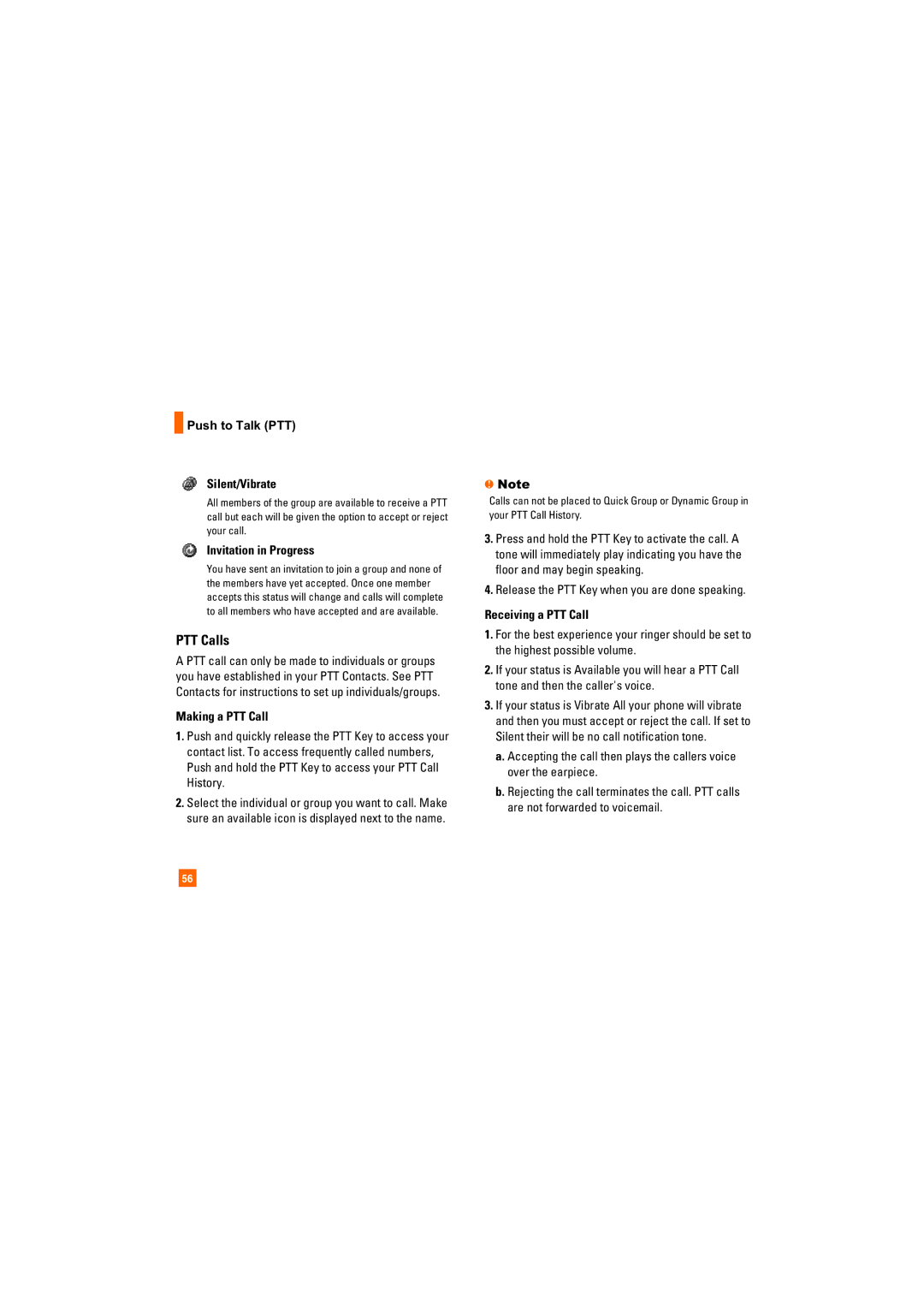 AT&T CU405 manual PTT Calls, Push to Talk PTT Silent/Vibrate, Making a PTT Call, Receiving a PTT Call 