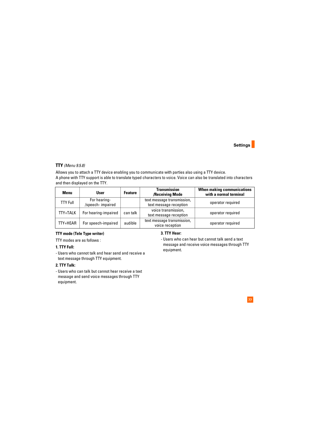 AT&T CU405 manual Menu User, Transmission, TTY mode Tele Type writer, TTY Full, TTY Talk, TTY Hear 