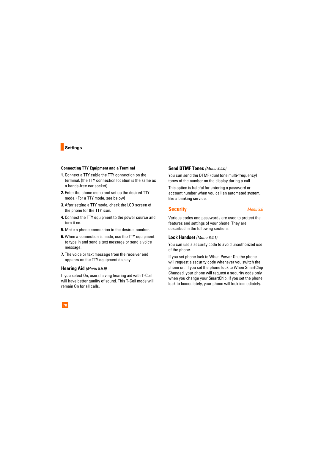 AT&T CU405 Hearing Aid Menu, Send Dtmf Tones Menu, Lock Handset Menu, Settings Connecting TTY Equipment and a Terminal 