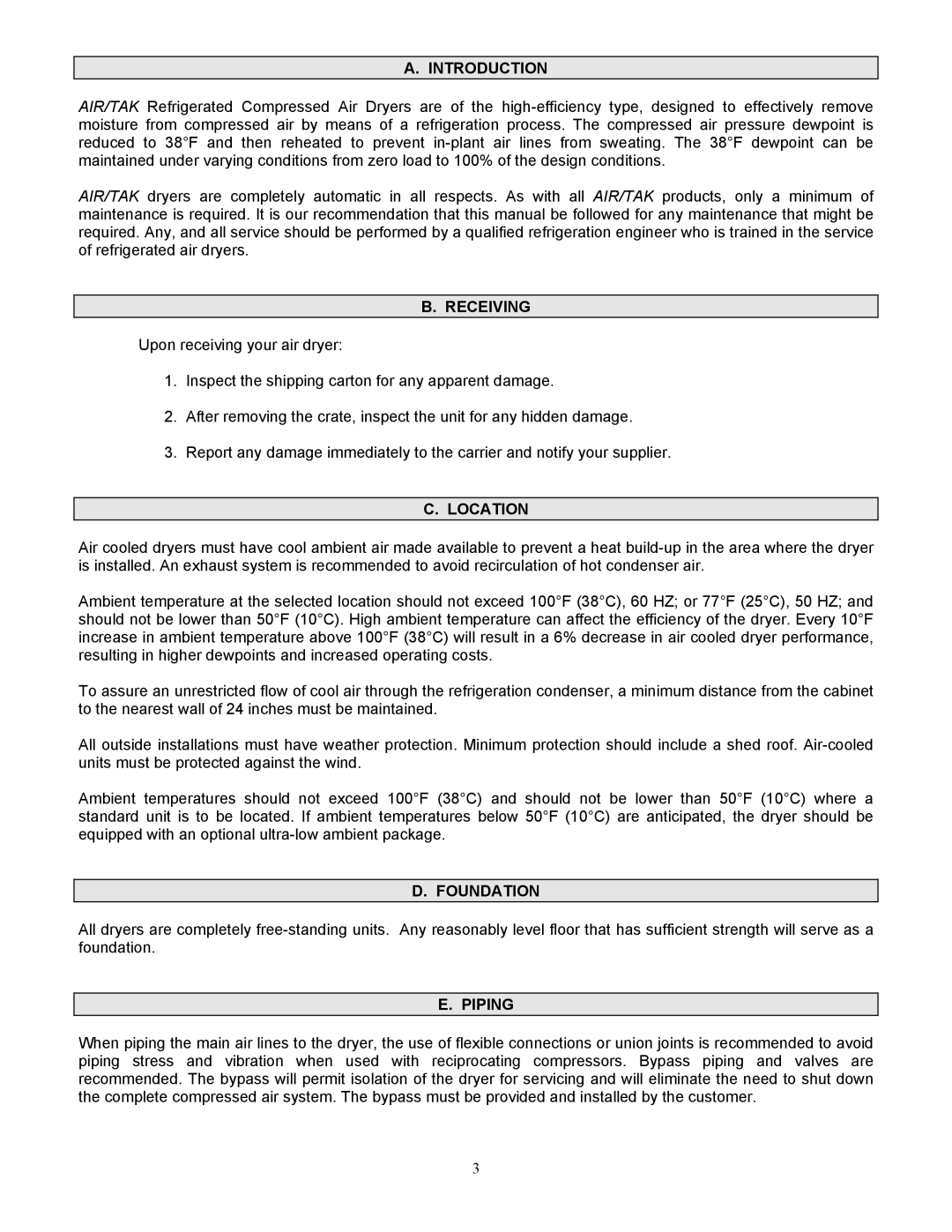 AT&T D-320, D-10,000 operating instructions Introduction, Receiving, Location, Foundation, Piping 