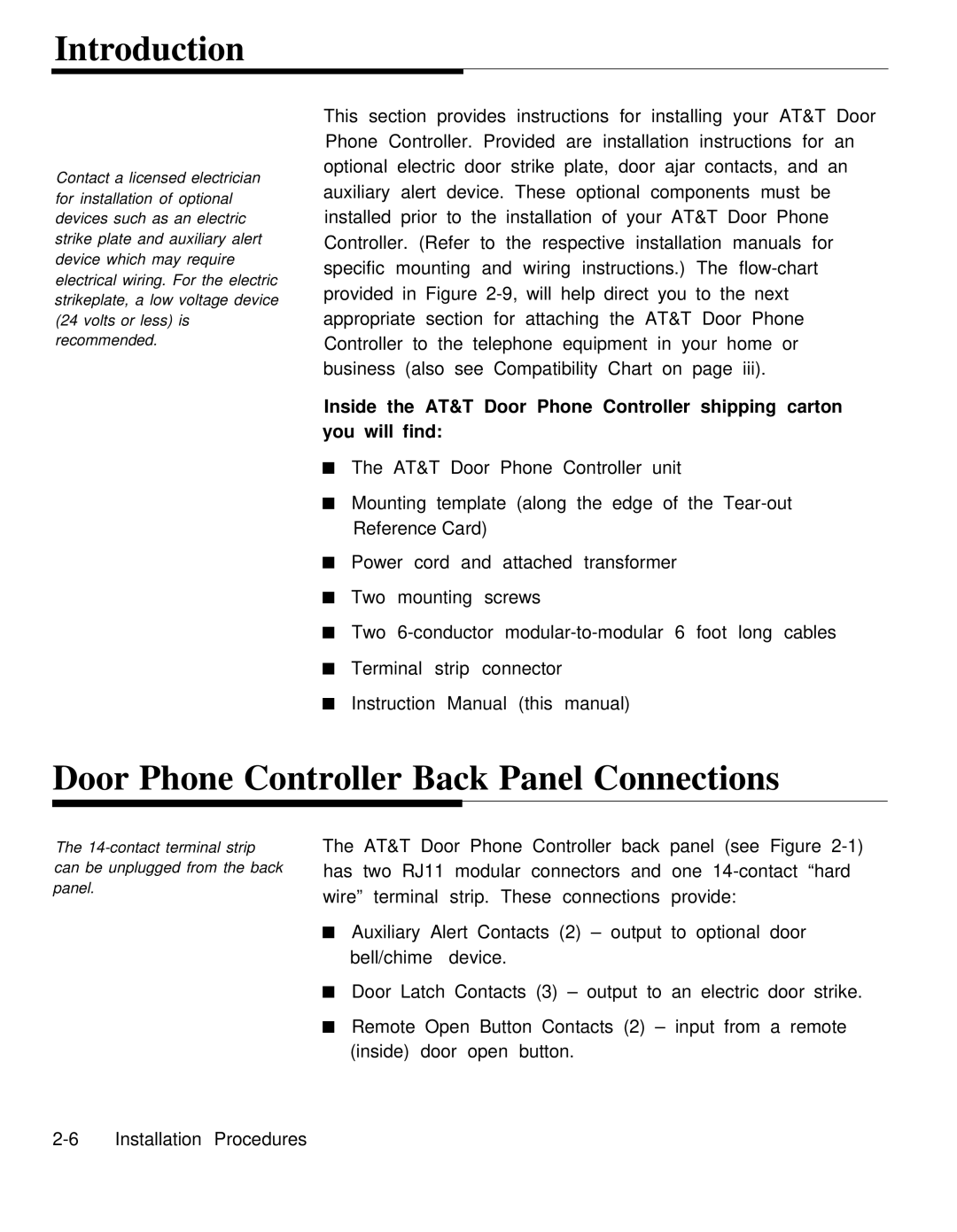 AT&T operation manual Introduction, Door Phone Controller Back Panel Connections 