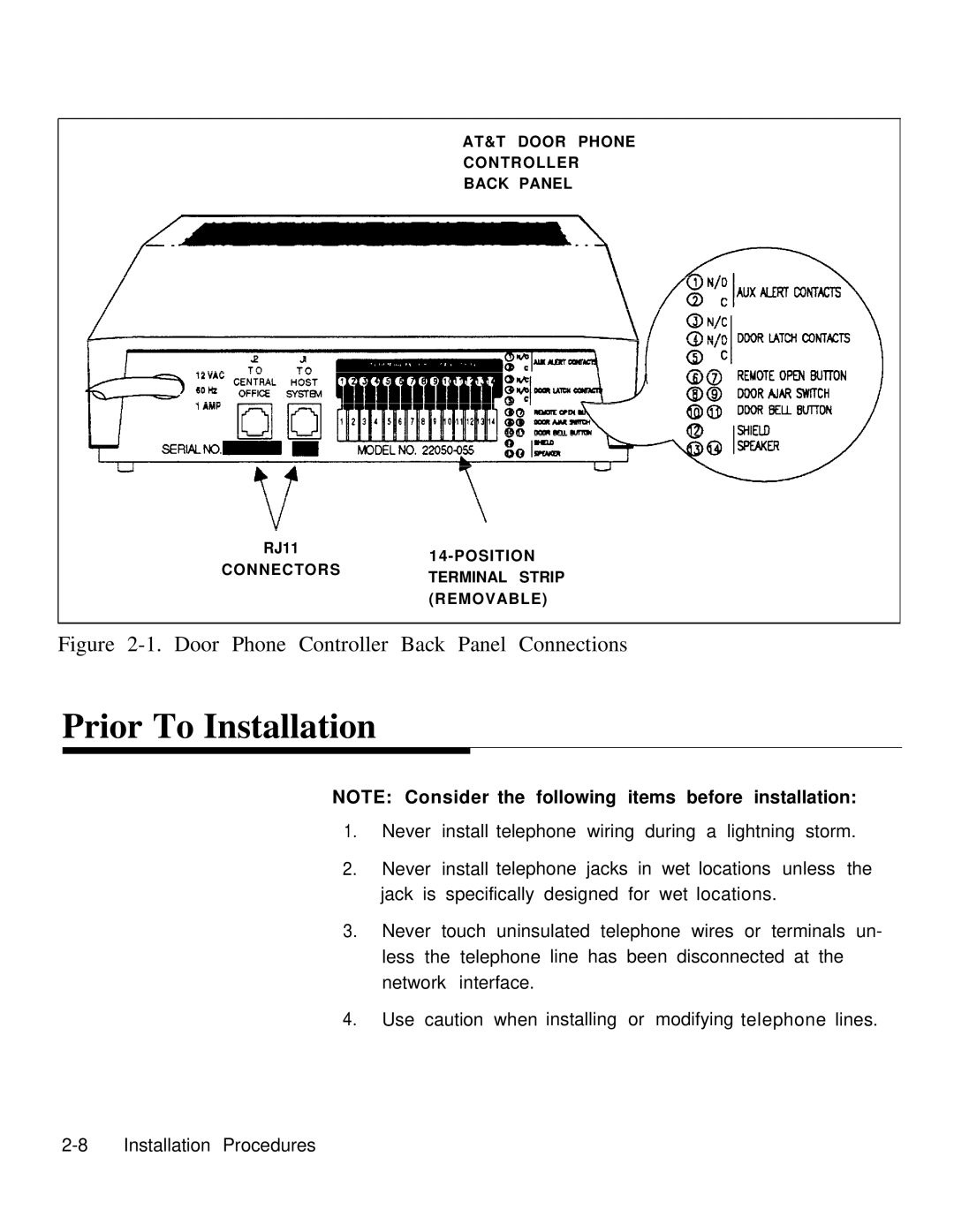 AT&T operation manual Prior To Installation, Door Phone Controller Back Panel Connections 