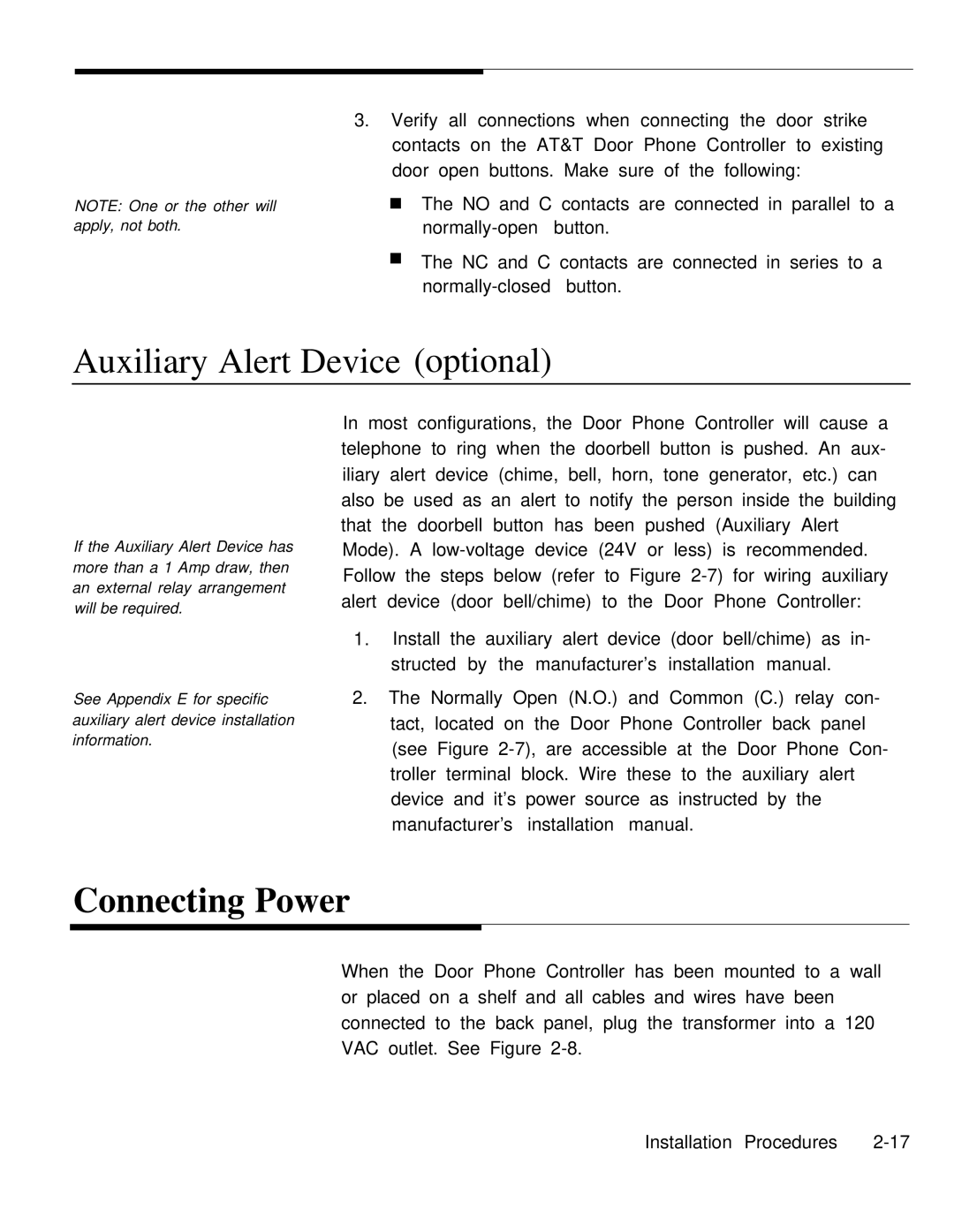 AT&T Door Phone Controller operation manual Auxiliary Alert Device optional, Connecting Power 