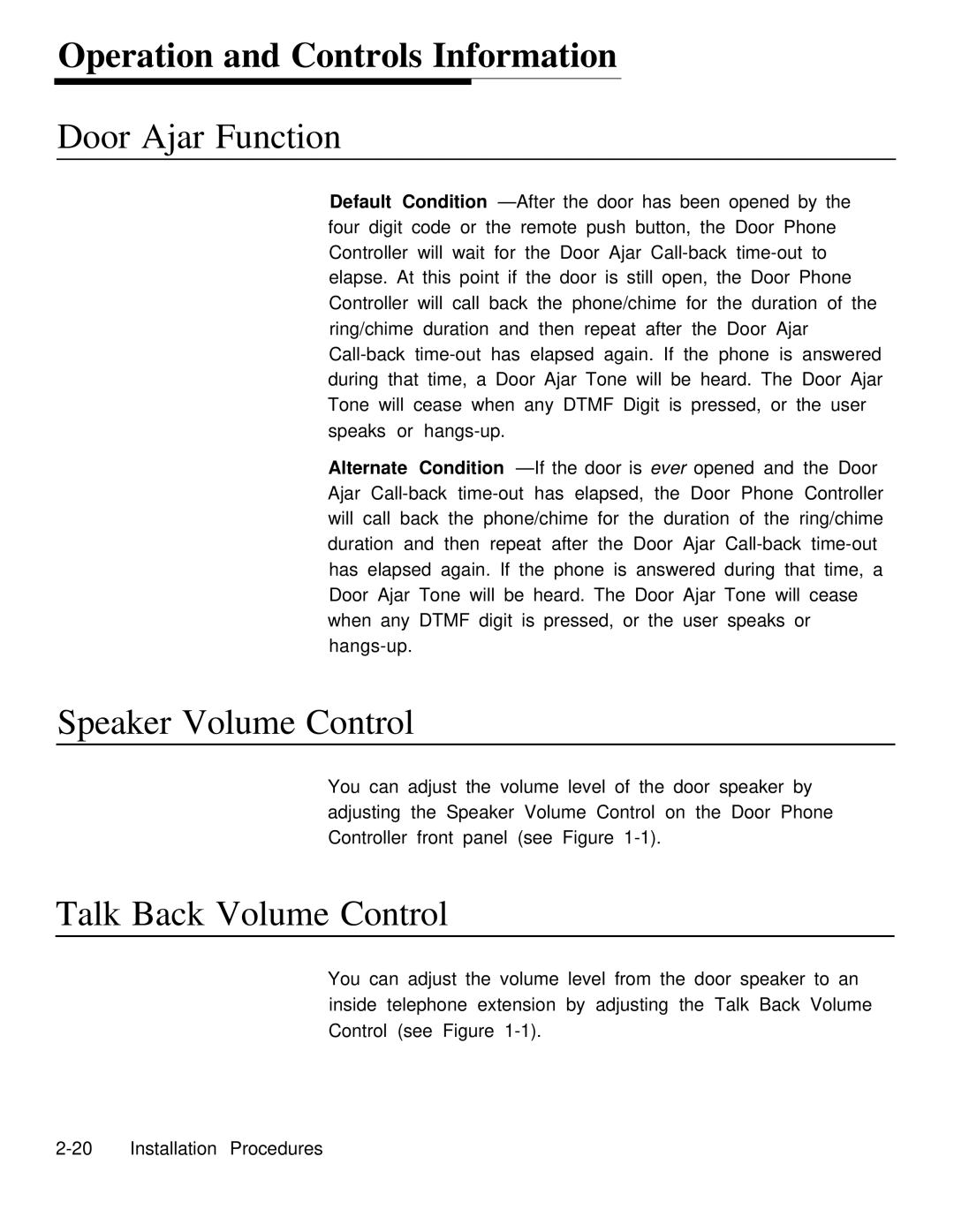 AT&T Door Phone Controller operation manual Operation and Controls Information, Door Ajar Function, Speaker Volume Control 